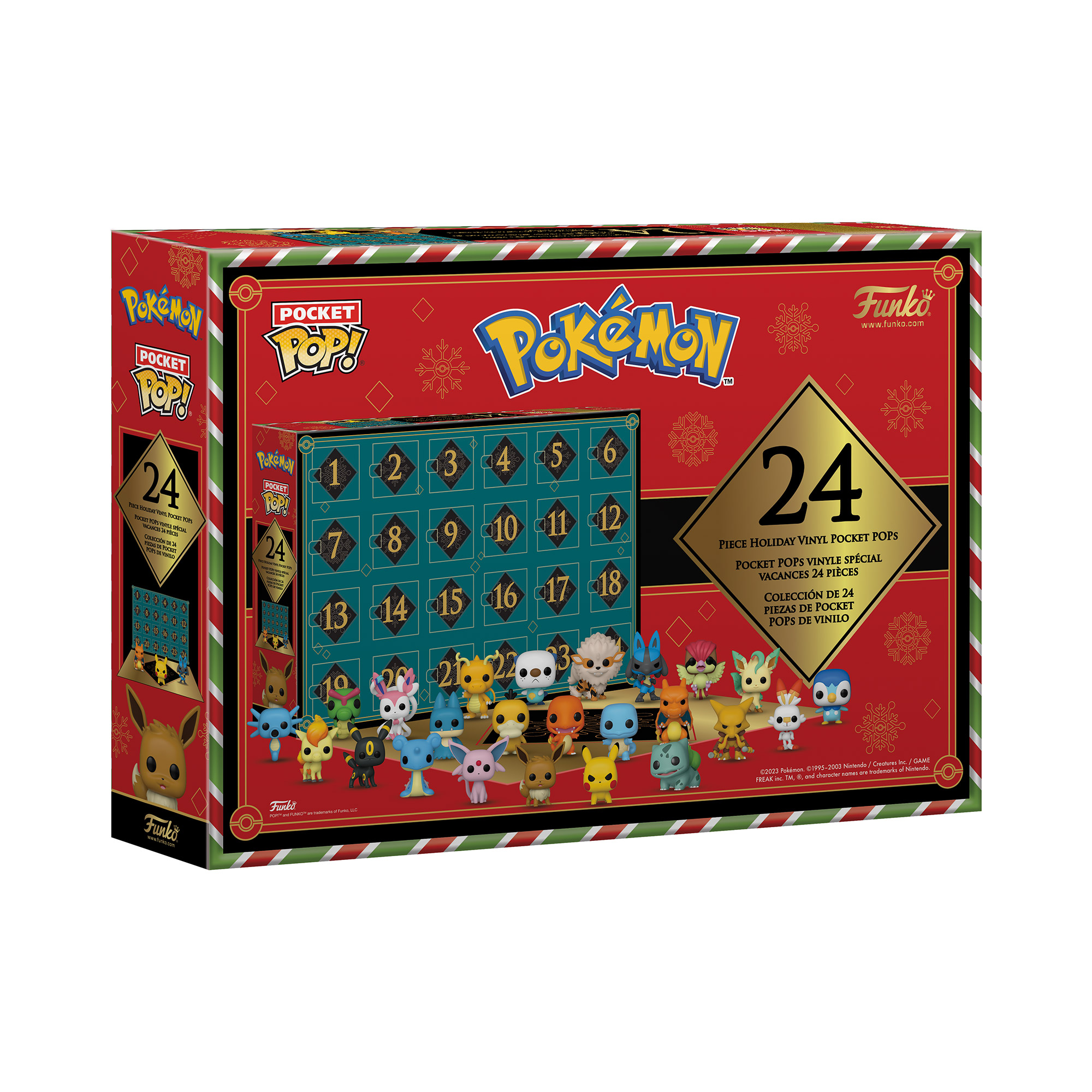 Eine festliche Box mit Pokémon Pocket Pop! Figuren. Die Box ist rot und grün.