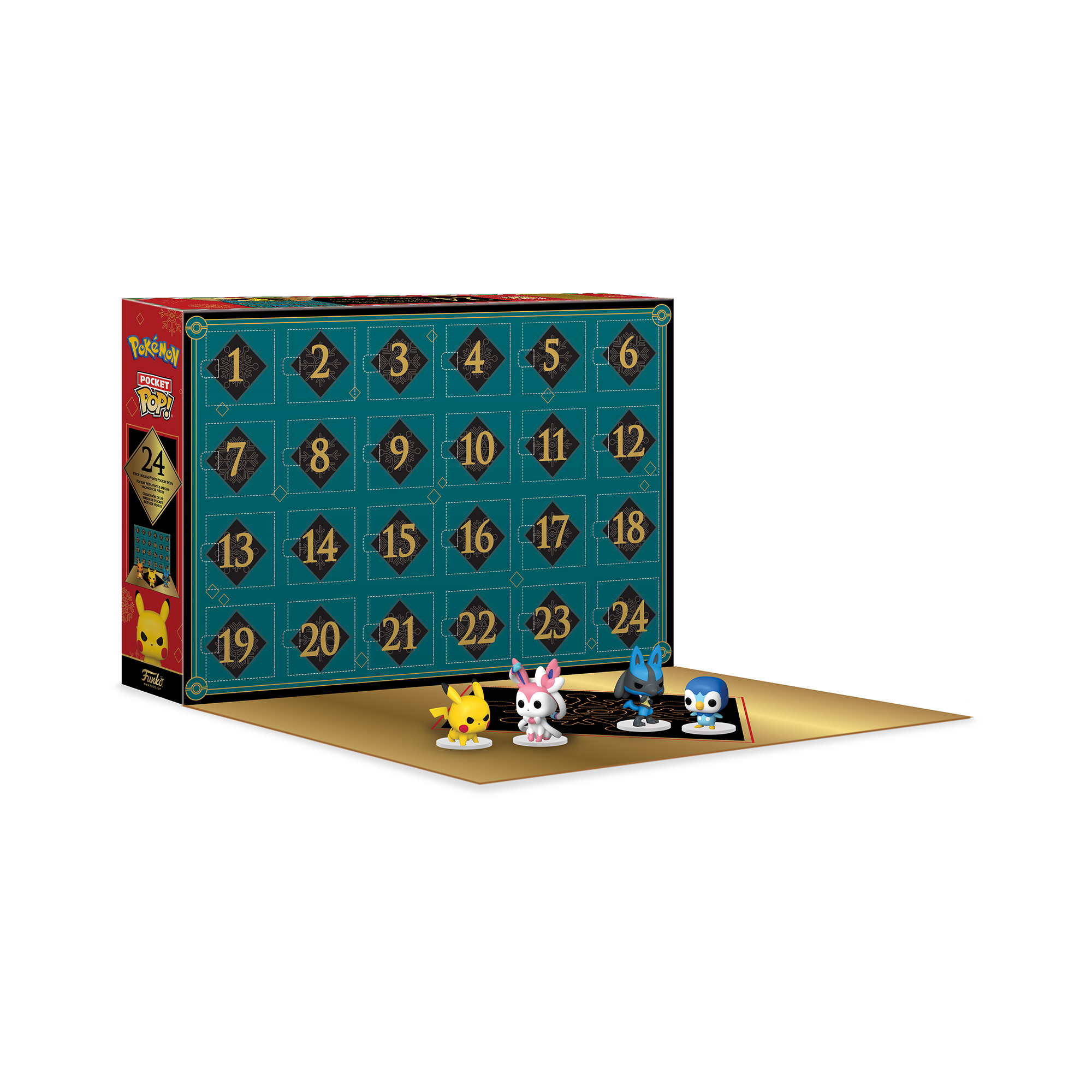 Adventskalender mit Pokémon-Figuren. Box hat nummerierte Türen. Vier Figuren sichtbar.
