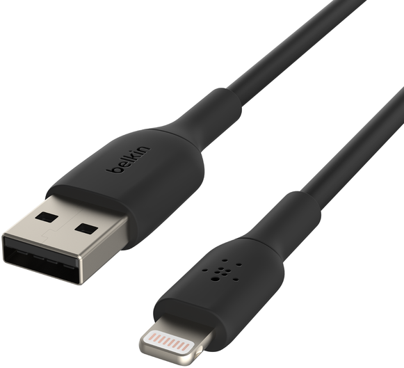 Egy fekete USB-Lightning kábel Belkin címkével.