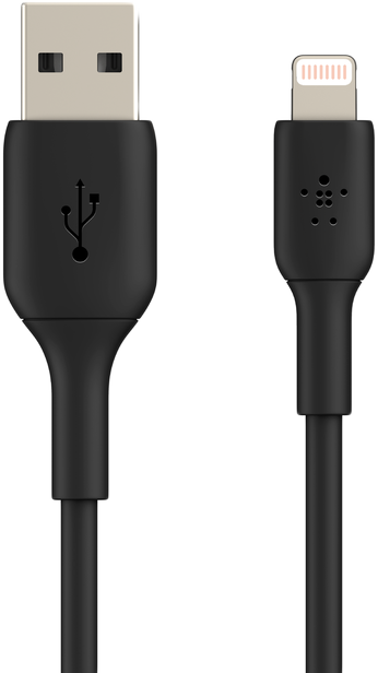 Fekete USB-Lightning kábel, USB csatlakozóval az egyik, Lightning csatlakozóval a másik végén.