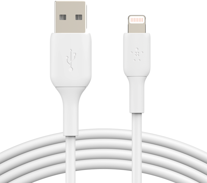 Fehér USB-Lightning kábel. USB vége balra, Lightning vége jobbra.