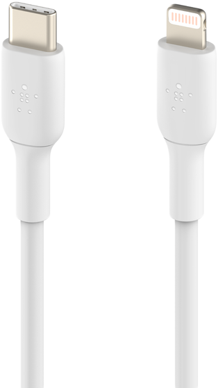 Fehér USB-C–Lightning kábel. Csatlakozók mindkét végén. Belkin logó a csatlakozón.