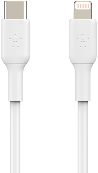 Két fehér töltőkábel, egy USB-C és egy Lightning, fehér háttér előtt.