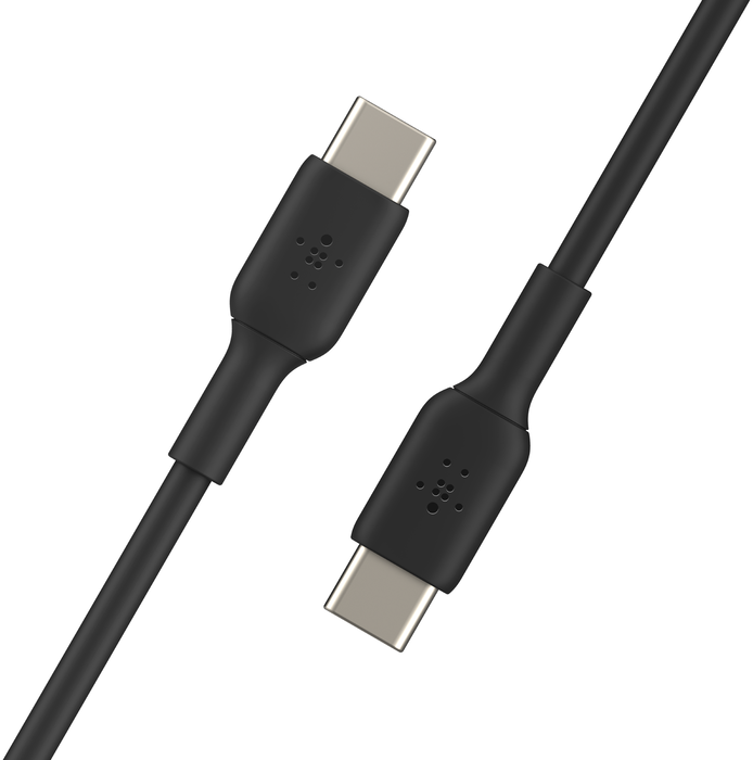 Két fekete USB-C kábel. Mindegyik kábelen USB-C csatlakozó van mindkét végén. Belkin márka látható.
