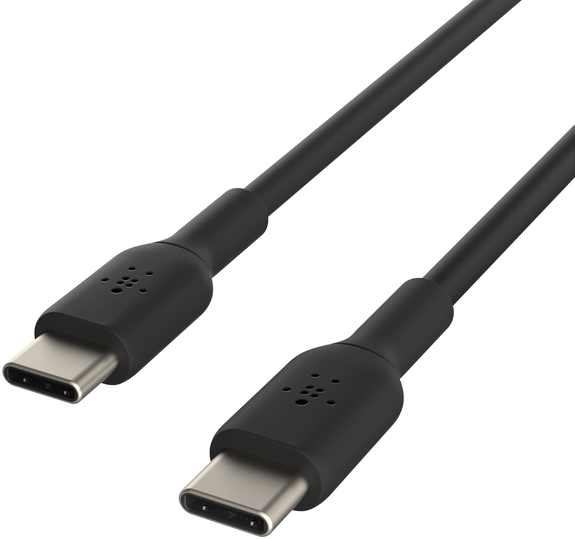 Fekete USB-C kábel USB-C csatlakozókkal mindkét végén. Fehér háttér.