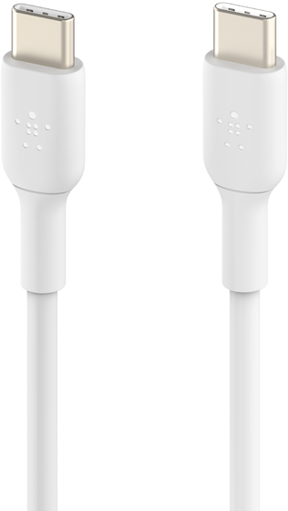 Fehér USB-C kábel USB-C csatlakozókkal mindkét végén. Fehér háttér.