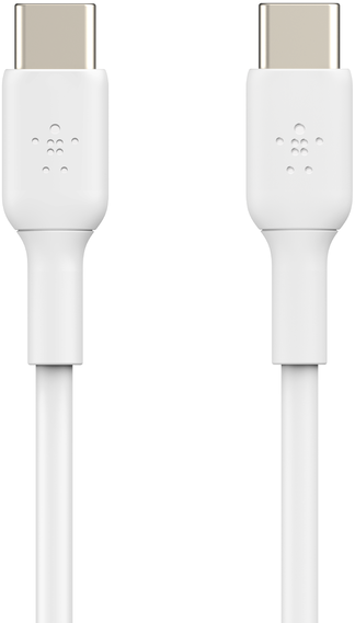Két fehér USB-C kábel egymás mellett, látható csatlakozókkal.