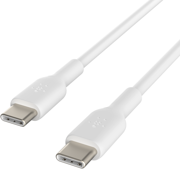 Fehér USB-C kábel USB-C csatlakozókkal mindkét végén. A kábel vastag és rugalmas.
