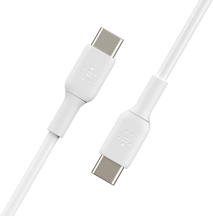 Két fehér USB-C kábel USB-C csatlakozókkal mindkét végén. Belkin logó látható.