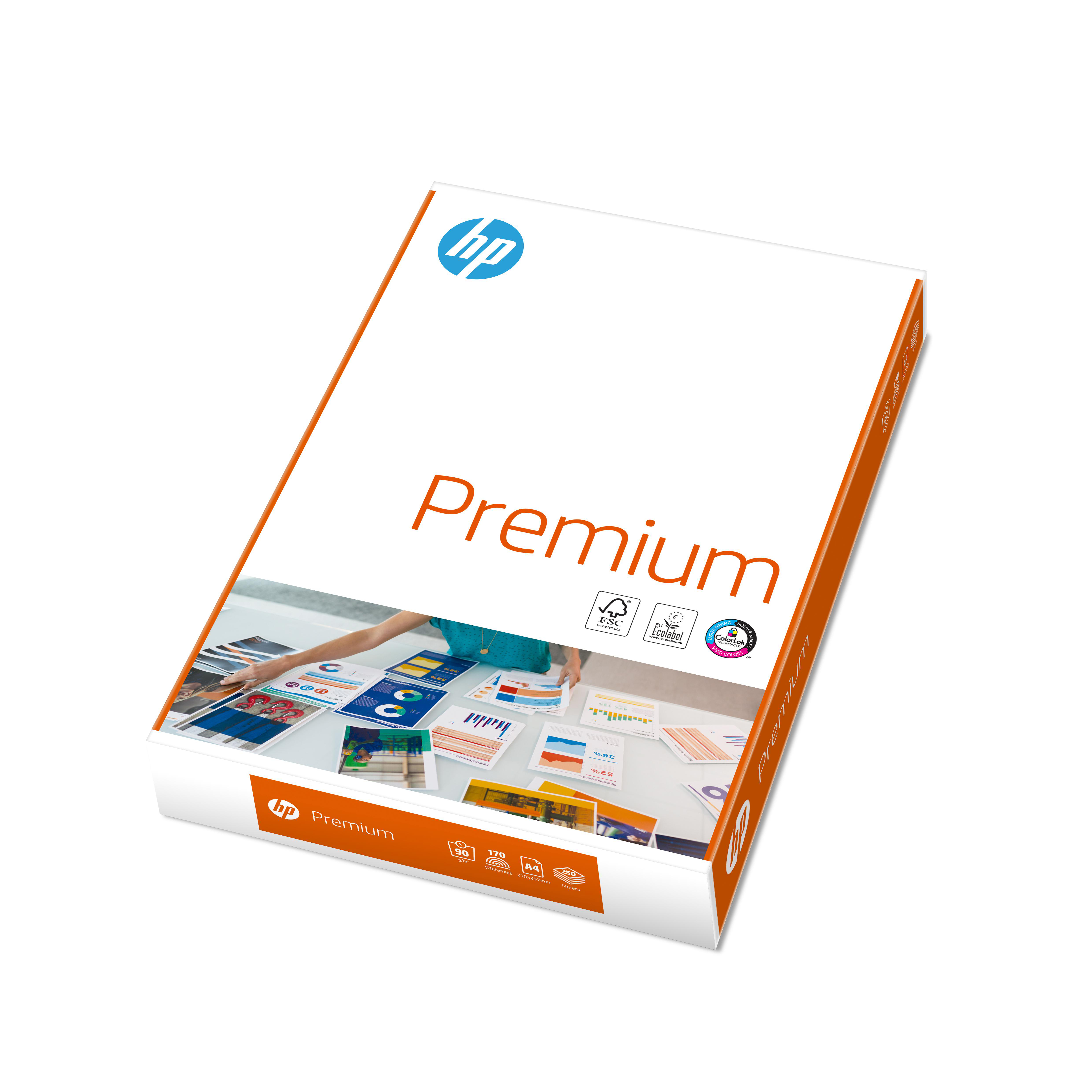 Eine Packung HP Premium-Papier, im Hintergrund eine Hand.