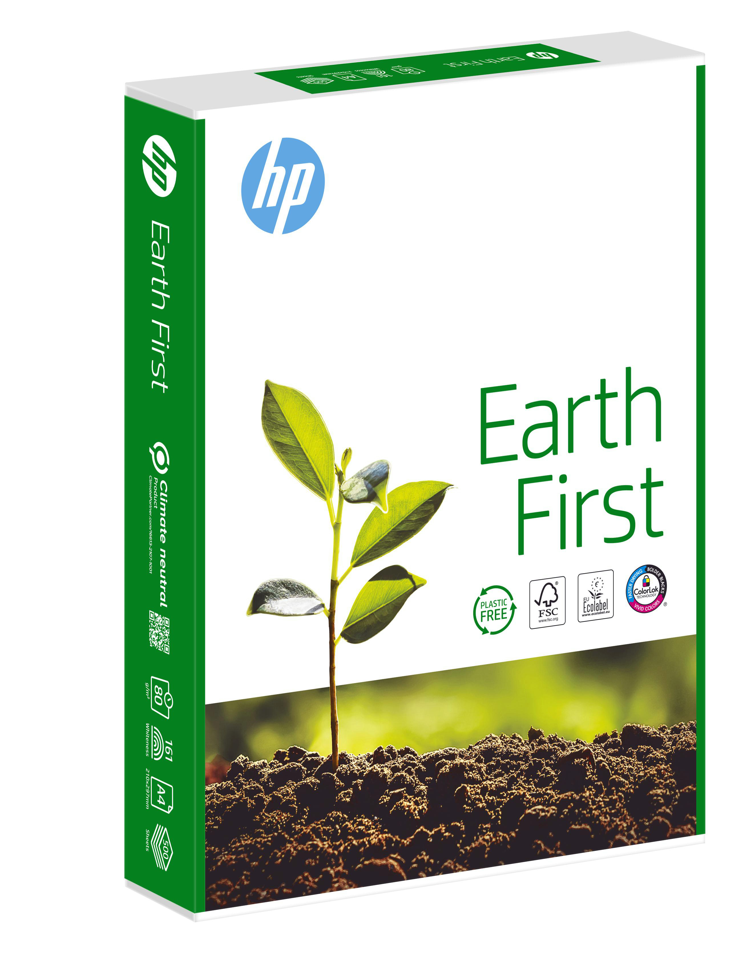 Eine Packung HP Earth First Papier mit einer Pflanze, die aus dem Boden wächst.