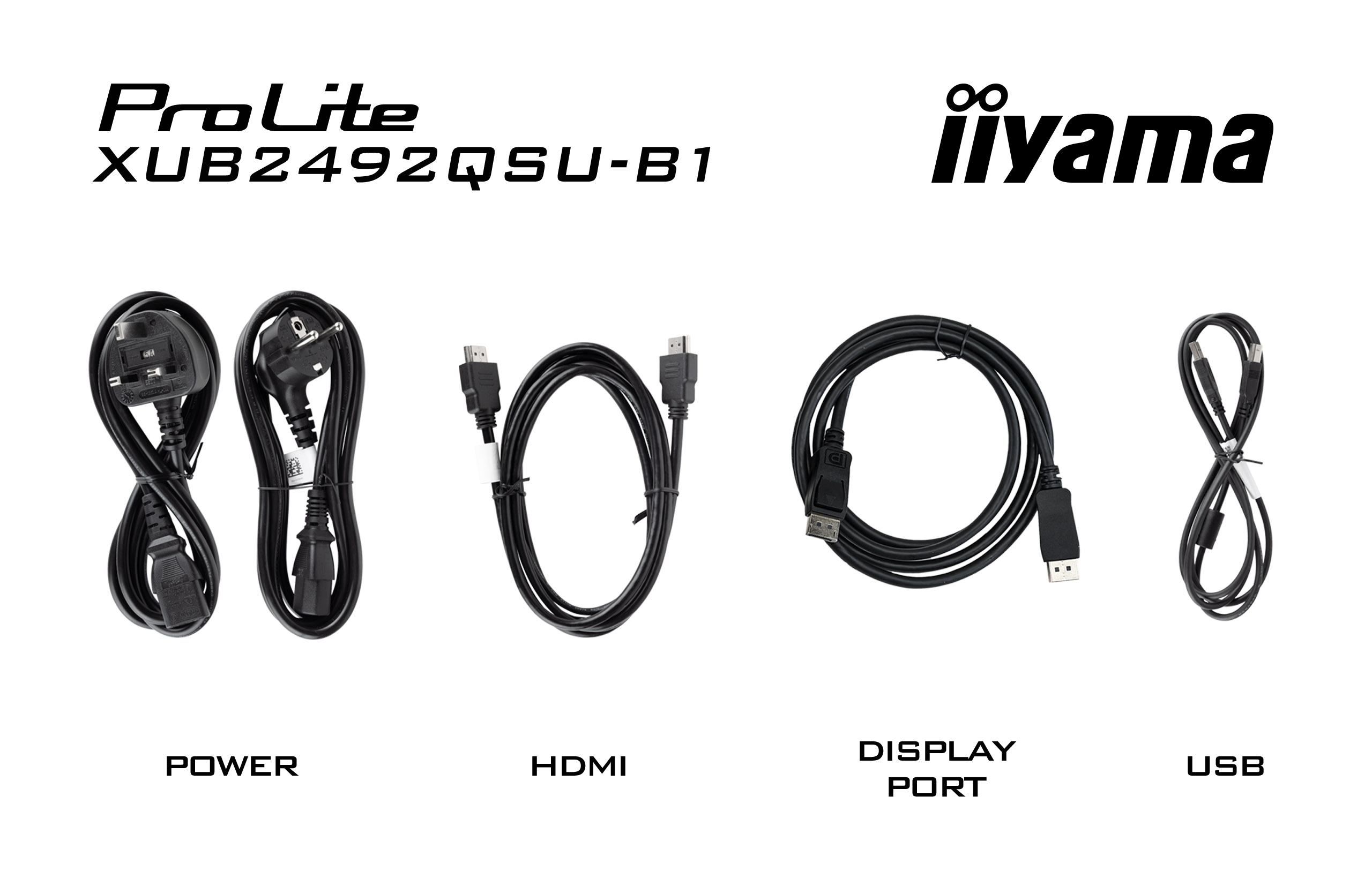 Kabel, Strom, HDMI, DisplayPort und USB, mit Logos und Text.