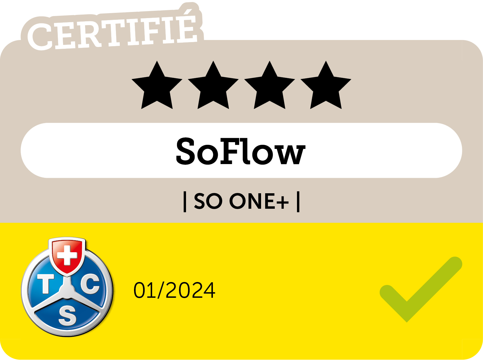 Bild mit der Aufschrift "SoFlow" und "SO ONE+". Es hat 4 Sterne, den Text "CERTIFIÉ" und ein grünes Häkchen.