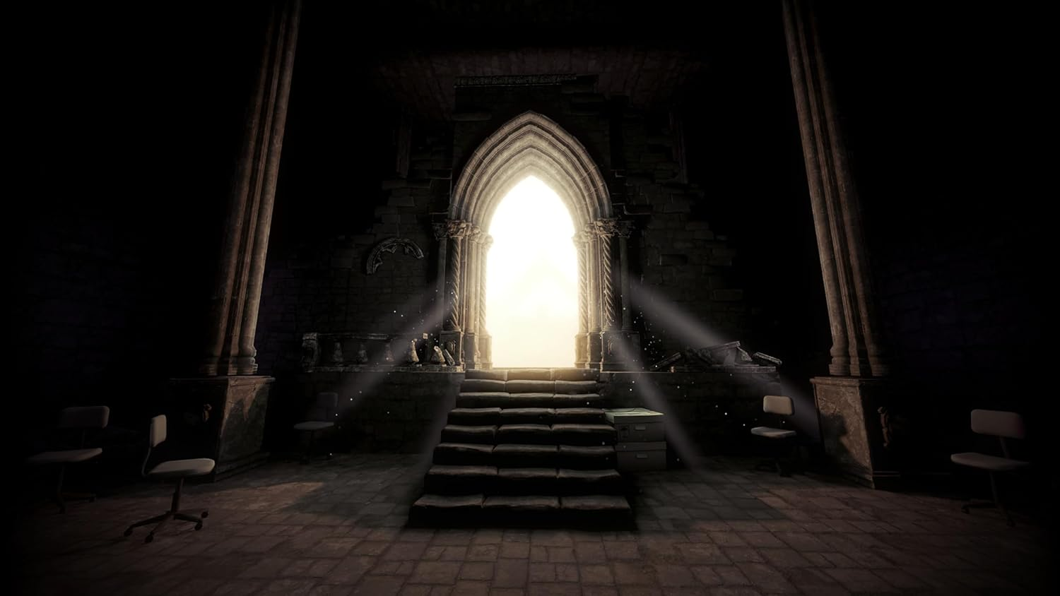 Una puerta abierta al final de un pasillo oscuro, con luz que la atraviesa.