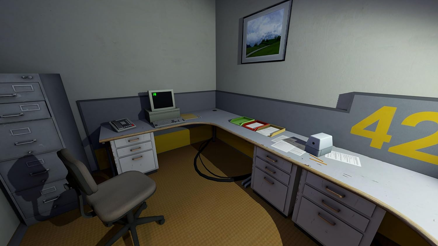 Oficina con escritorio, computadora, silla, archivador y cuadro.