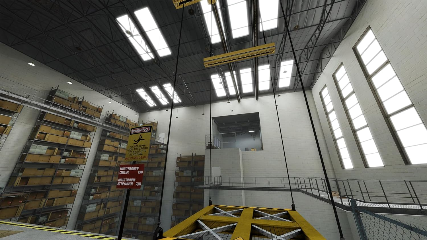 Un interior de almacén industrial con múltiples estanterías llenas de cajas. Una plataforma amarilla cuelga del techo.