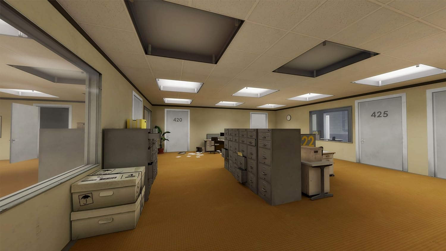 Interior de oficina con archivadores, escritorios, puertas y ventanas. Paredes y suelo amarillos.