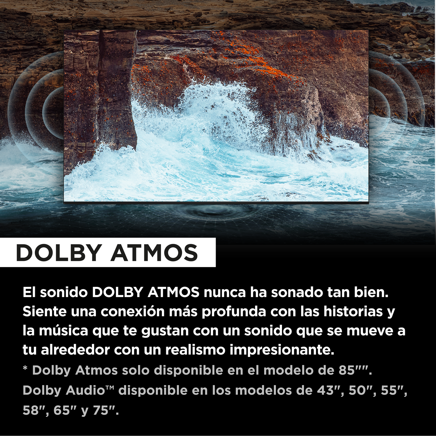 Pantalla de TV muestra escena costera rocosa con agua. Logo Dolby Atmos debajo.