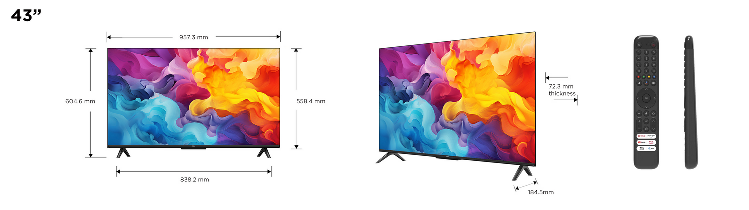 Televisor con pantalla colorida. Se muestran las dimensiones. Mando a distancia a la derecha.