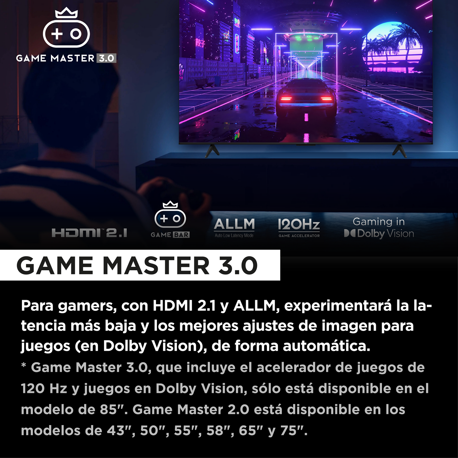 Un televisor que muestra un juego de carreras. El texto en la pantalla menciona HDMI 2.1, ALLM y 120 Hz.