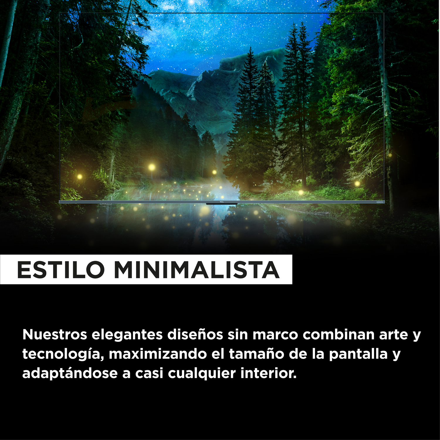 Una pantalla de TV grande que muestra una escena de bosque nocturno. Texto en español abajo.