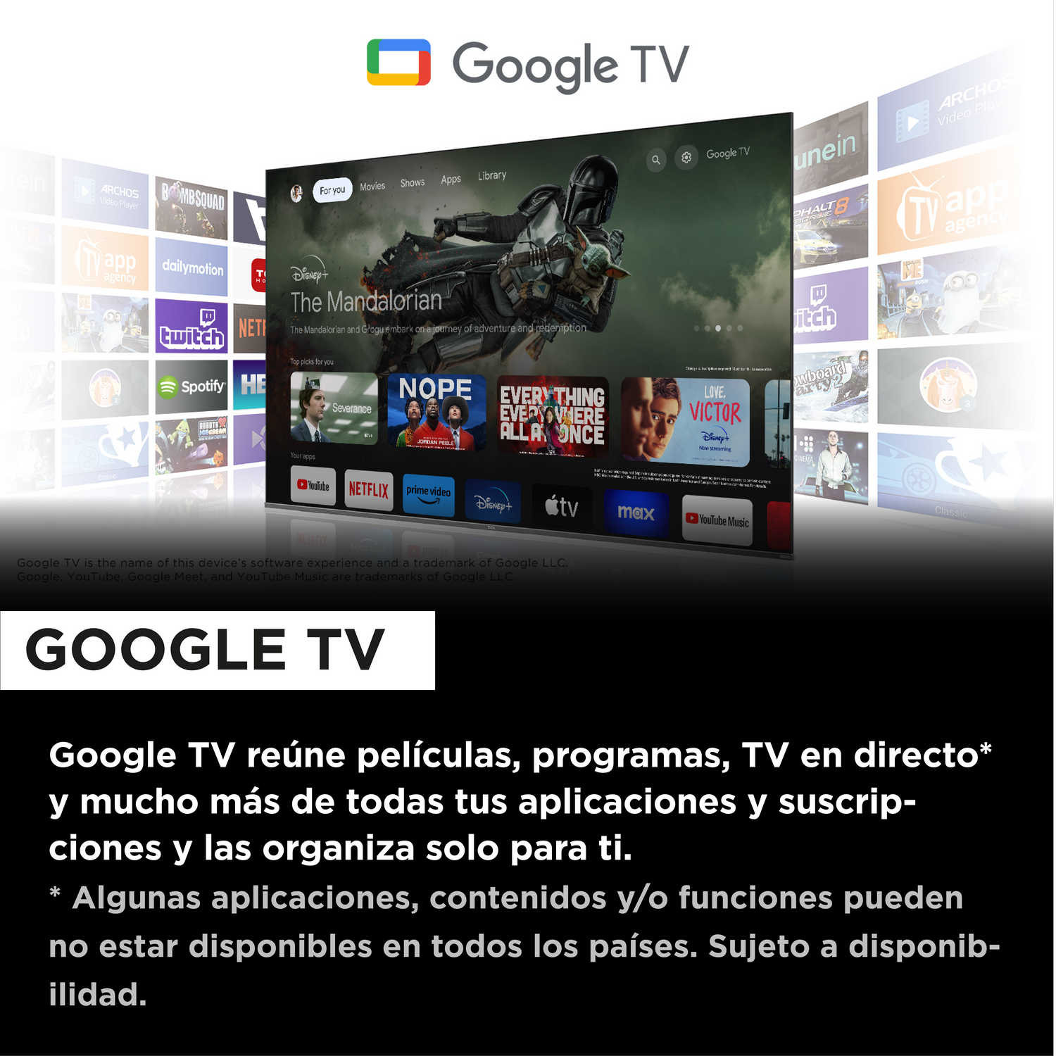 Interfaz de Google TV con iconos de aplicaciones de streaming y texto sobre el TV.