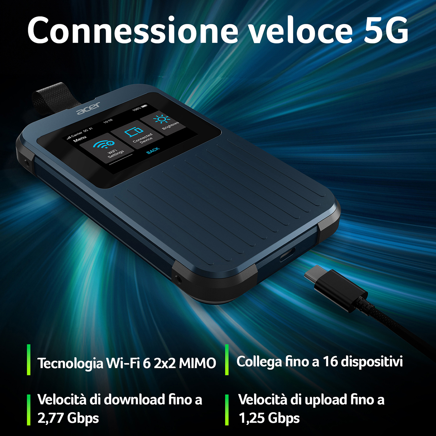 Un dispositivo Acer 5G blu con schermo che mostra icone di connessione, con cavo collegato.