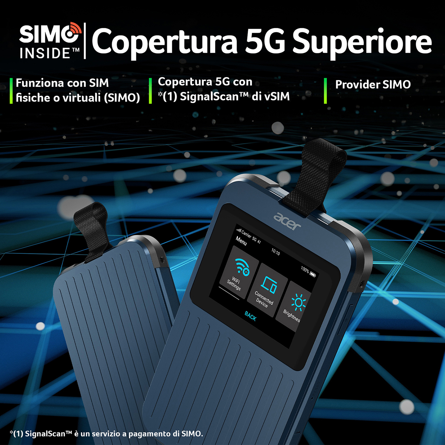 Due dispositivi Acer blu. Testo che promuove una copertura 5G superiore e funzionalità SIM.
