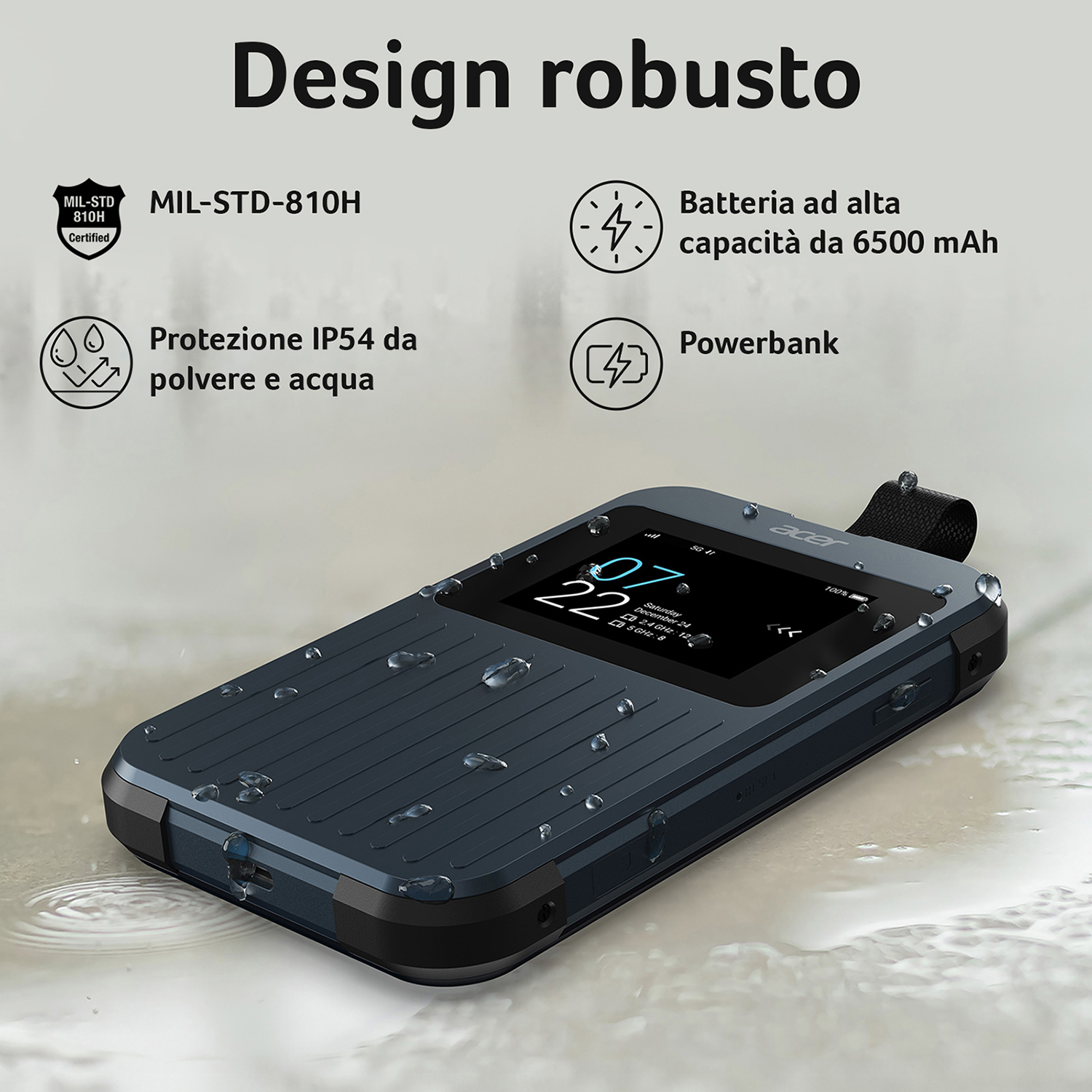 Un telefono robusto blu scuro con uno schermo che mostra l'ora e le informazioni sulla batteria.