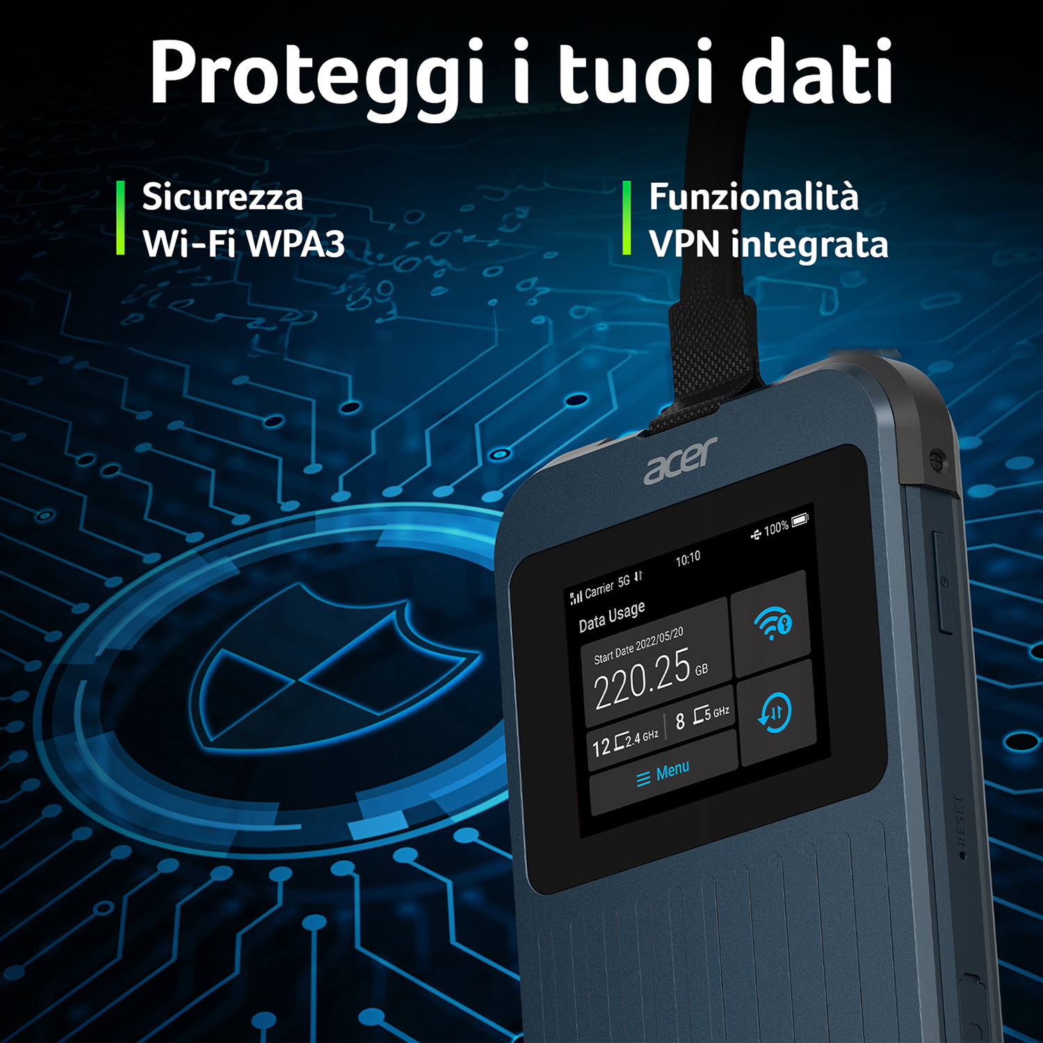 Un dispositivo Acer blu scuro con un piccolo schermo che mostra dati, con testo sopra.