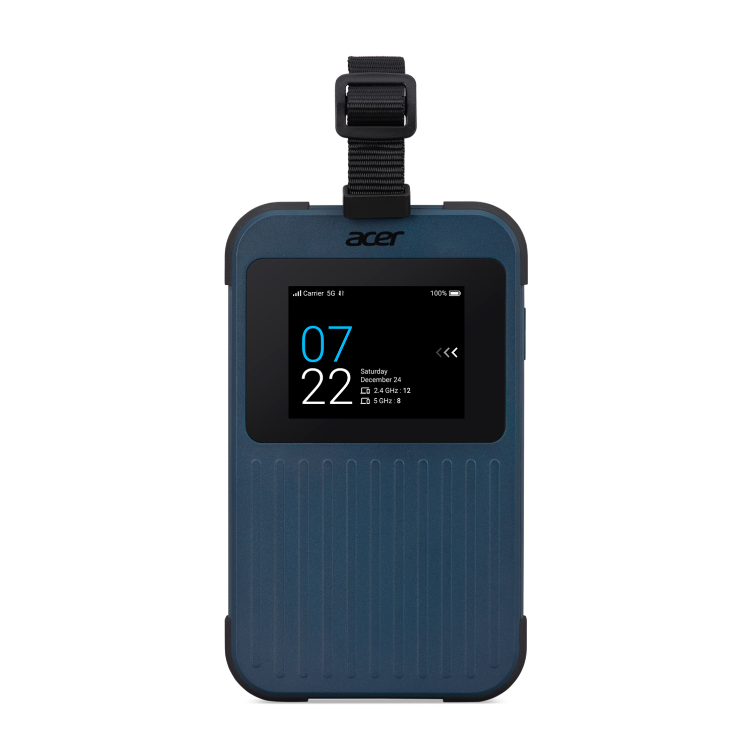 Dispositivo Acer. Corpo blu, schermo nero che mostra l'ora e un cinturino nero.