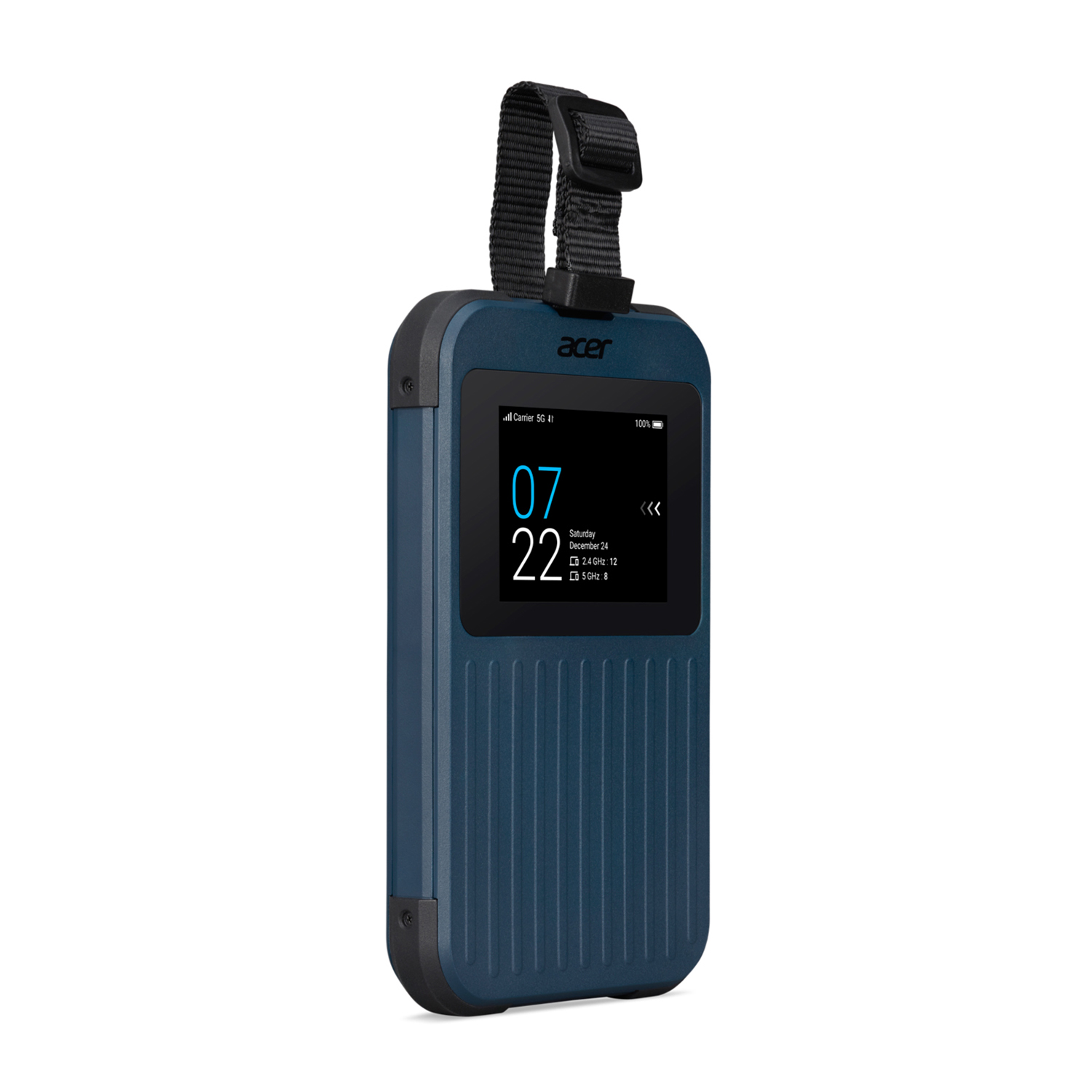 Un dispositivo robusto Acer blu e nero. Ha uno schermo con data e ora.