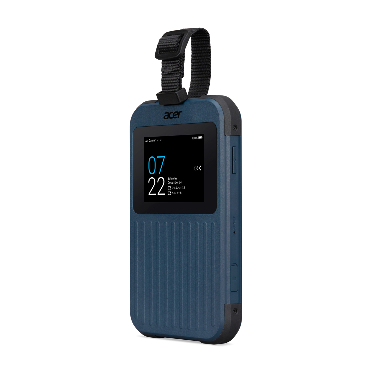 Un dispositivo robusto Acer. È blu e ha uno schermo che mostra l'ora.