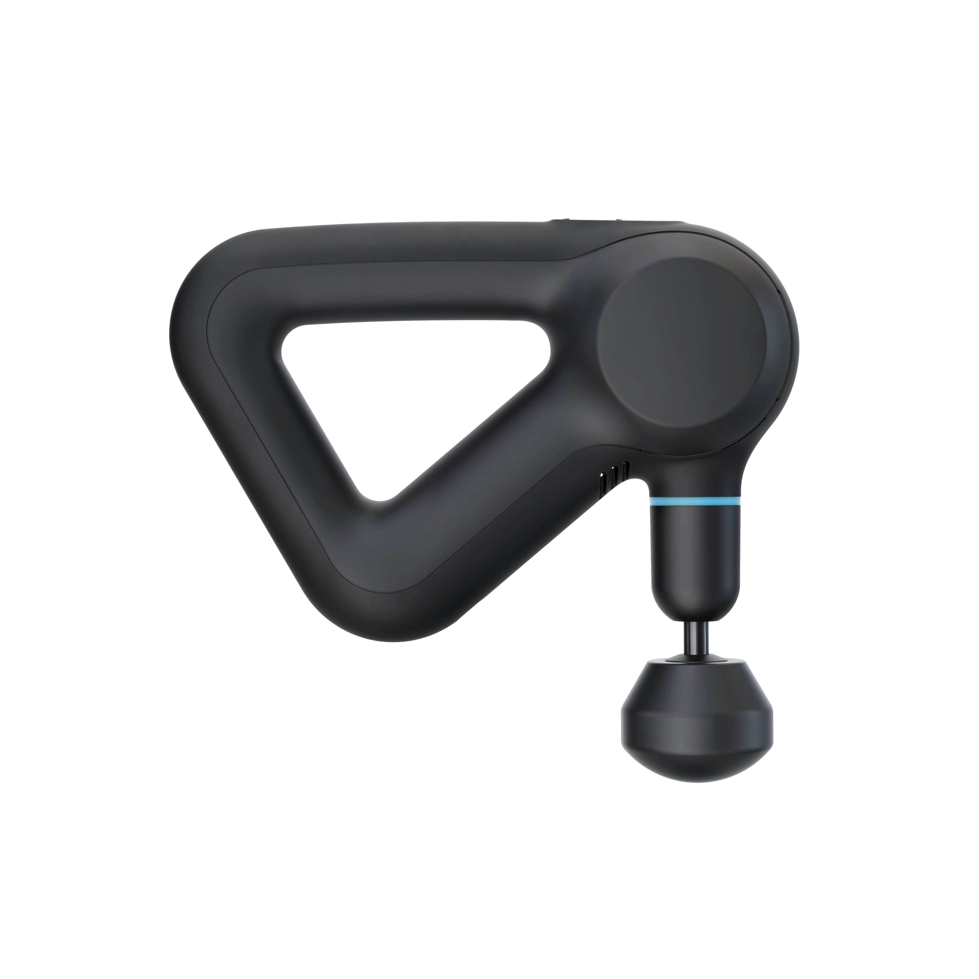 Schwarze Massagepistole mit Dreiecksdesign, schwarzem Kugelaufsatz, weißer Hintergrund.