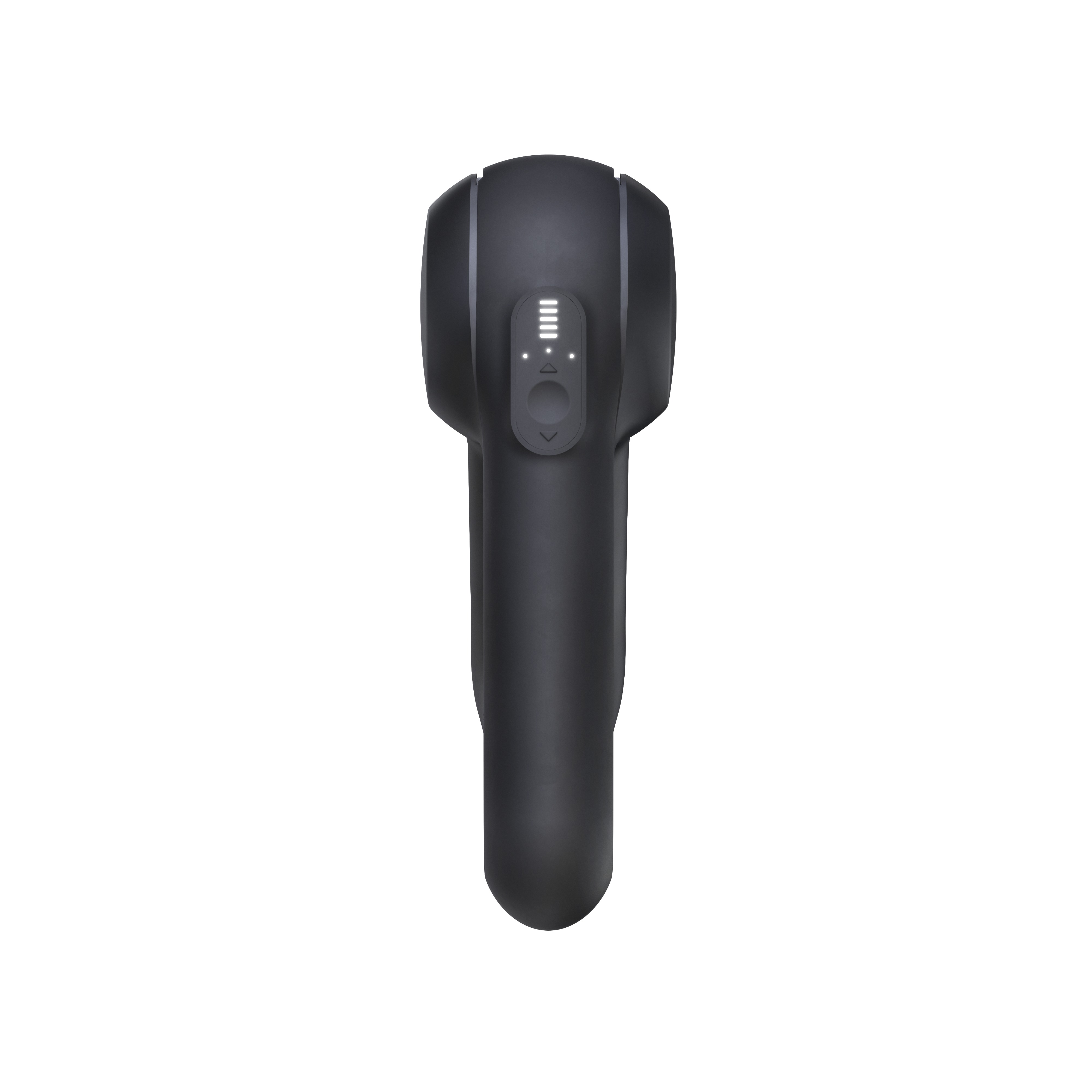 Ein schwarzes Handgerät mit zylindrischem Griff. Es hat einige Knöpfe und Lichter oben.