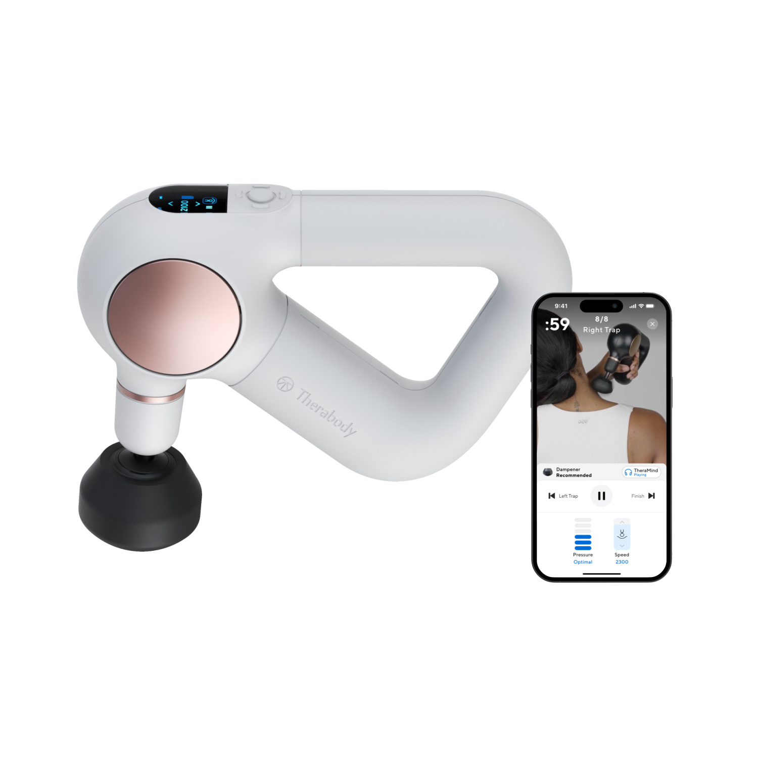 Weißes und roségoldenes Massagegerät mit schwarzem Kopf und Telefon mit App.