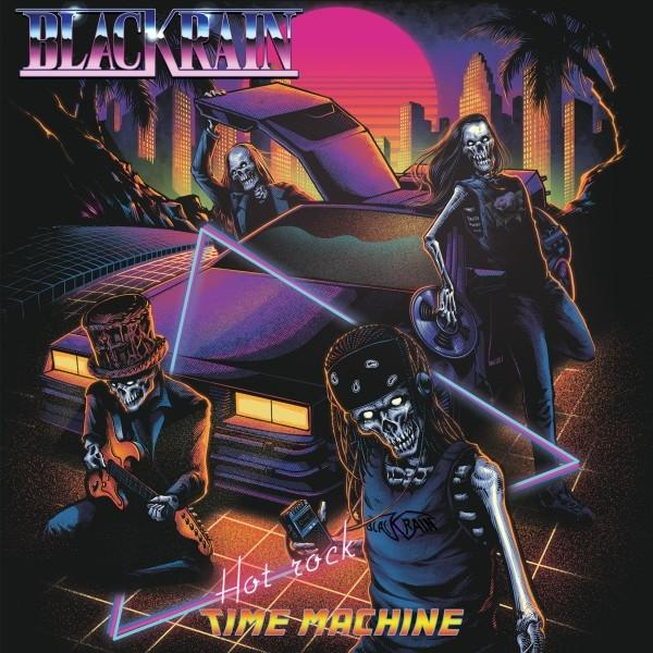 Albumcover mit Skeletten, einem Auto, Stadt und Neonlichtern.