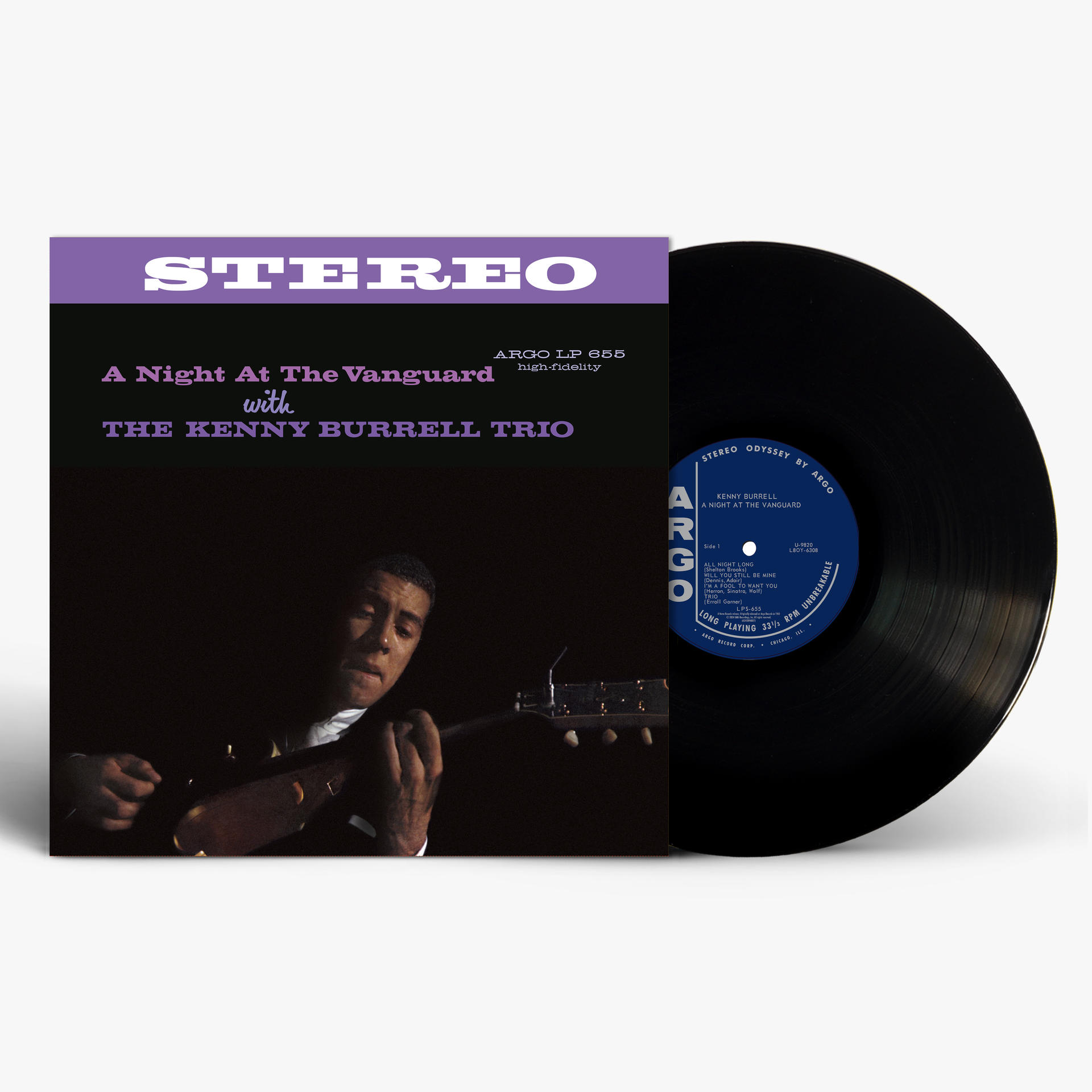 Ein Albumcover mit einem Bild eines Jazzmusikers mit Gitarre und einer Schallplatte.