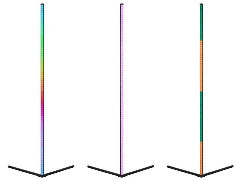 Trzy lampy podłogowe LED w różnych kolorach, każda z czarną podstawą.