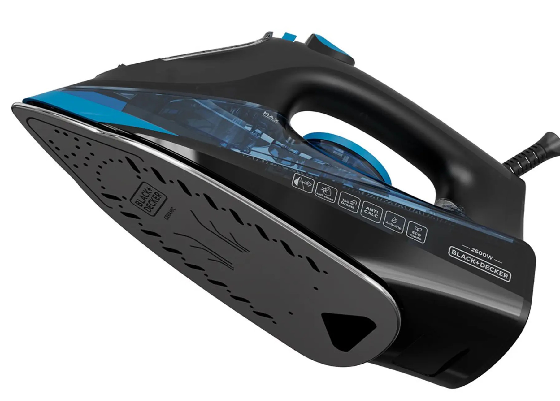 Czarne i niebieskie żelazko z ceramiczną stopą.