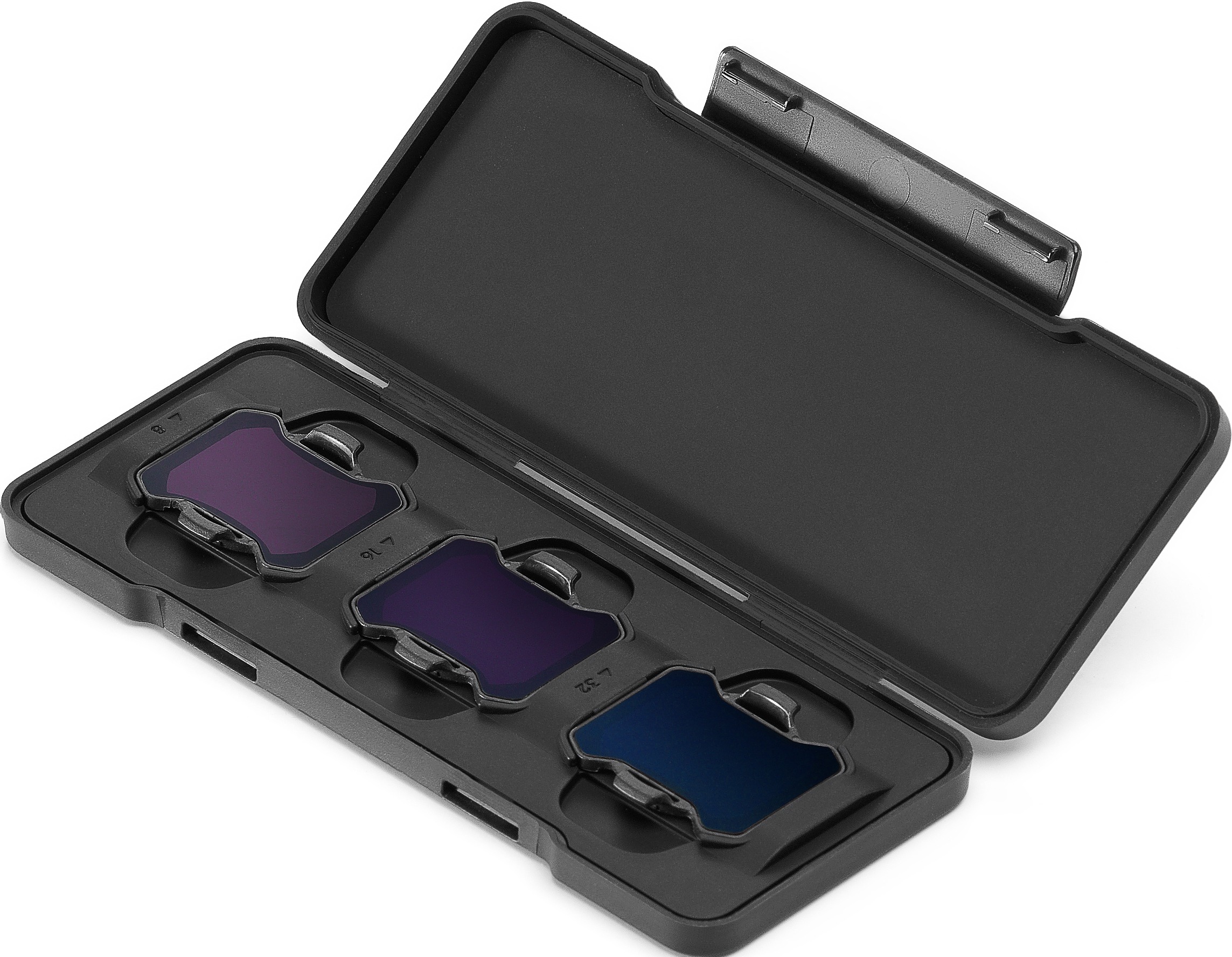 Una custodia nera con tre filtri per lenti. I filtri sono di colore viola scuro e blu.
