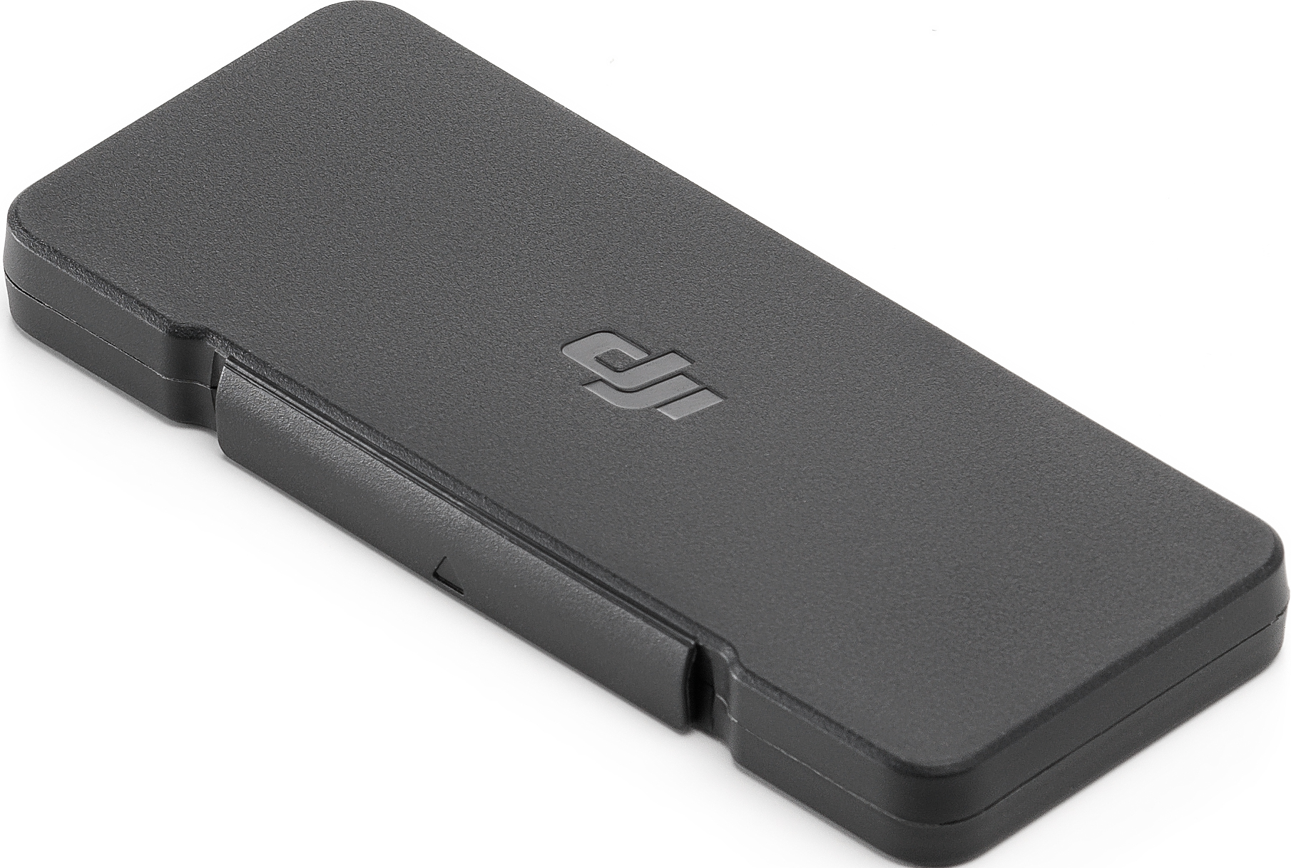 Una custodia di ricarica batteria DJI nera con il logo DJI impresso sulla parte superiore.