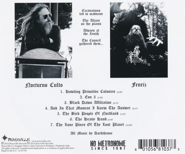 Rückseite eines Darkthrone-Albums mit Bandmitgliedern und Titelliste.