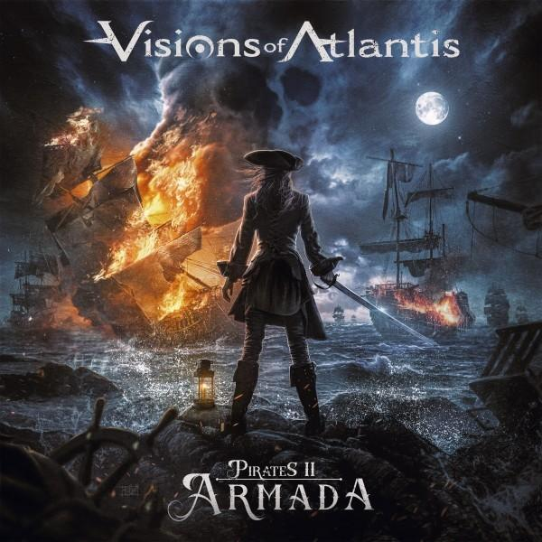 Albumcover: Piratenfrau mit Schwert, brennende Schiffe, Mond, Titel Visions of Atlantis.