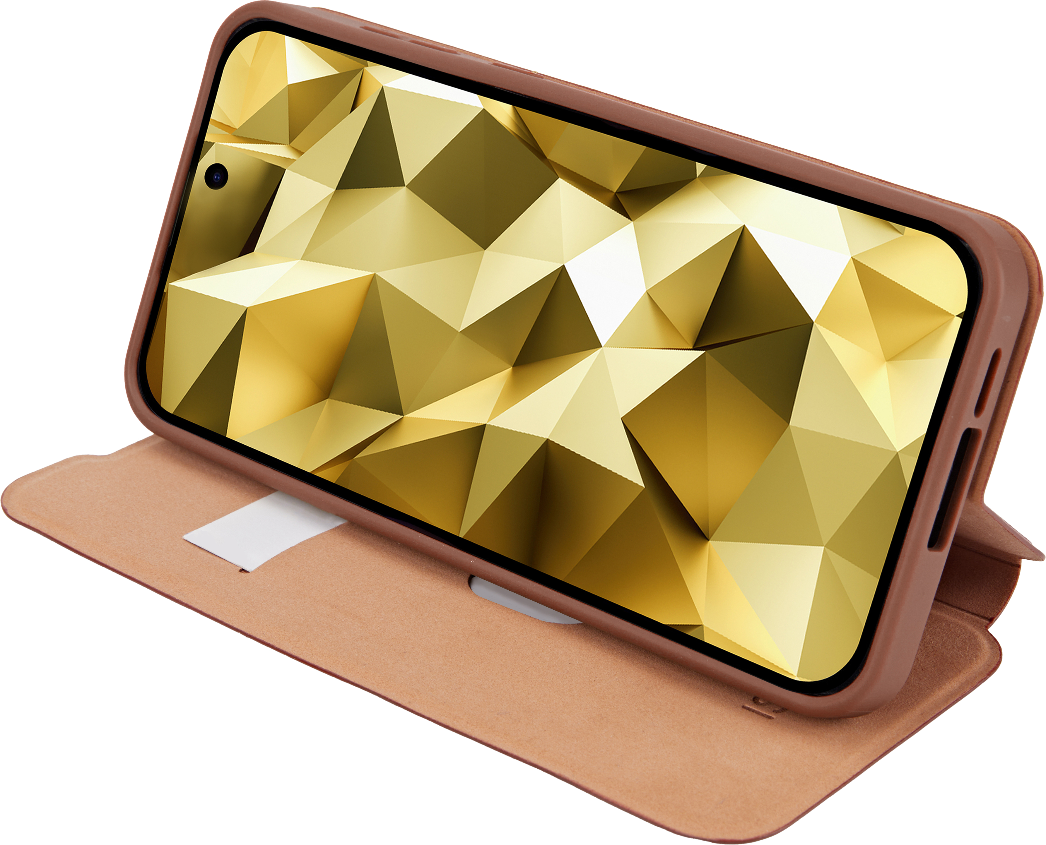 Telefon in brauner Hülle, geöffnet, zeigt ein goldenes geometrisches Muster auf dem Bildschirm.