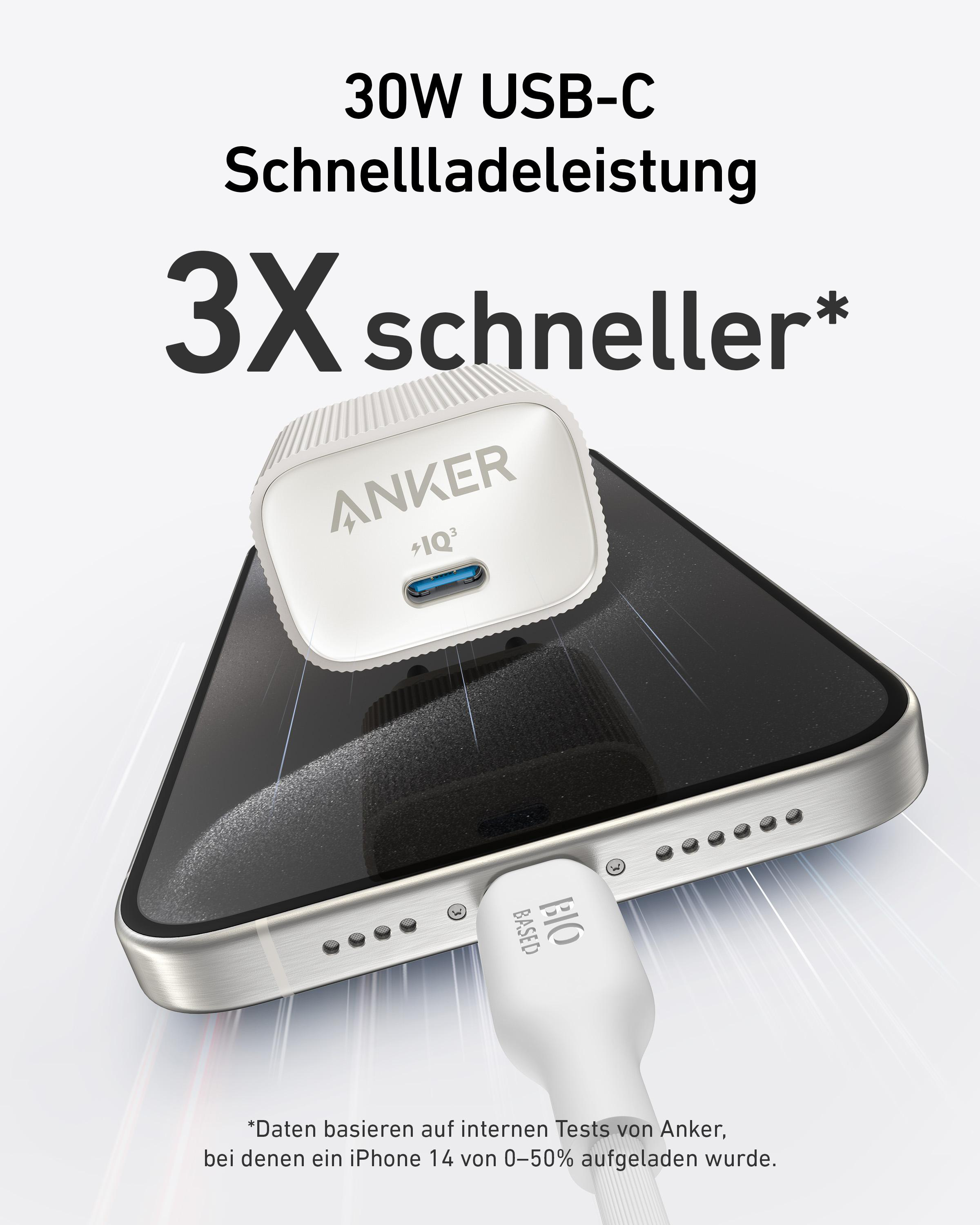 Ein weißes Anker-Ladegerät, das an ein schwarzes Telefon angeschlossen ist, mit Text über schnelles Laden.
