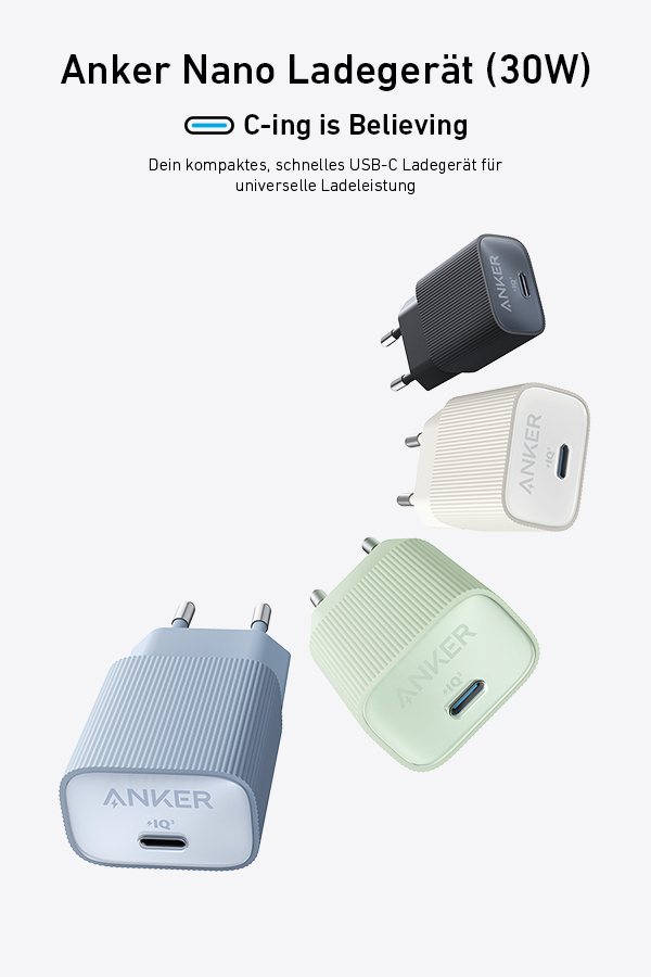 Anker Nano Ladegeräte in verschiedenen Farben: schwarz, weiß und grün. Sie haben USB-C-Anschlüsse.