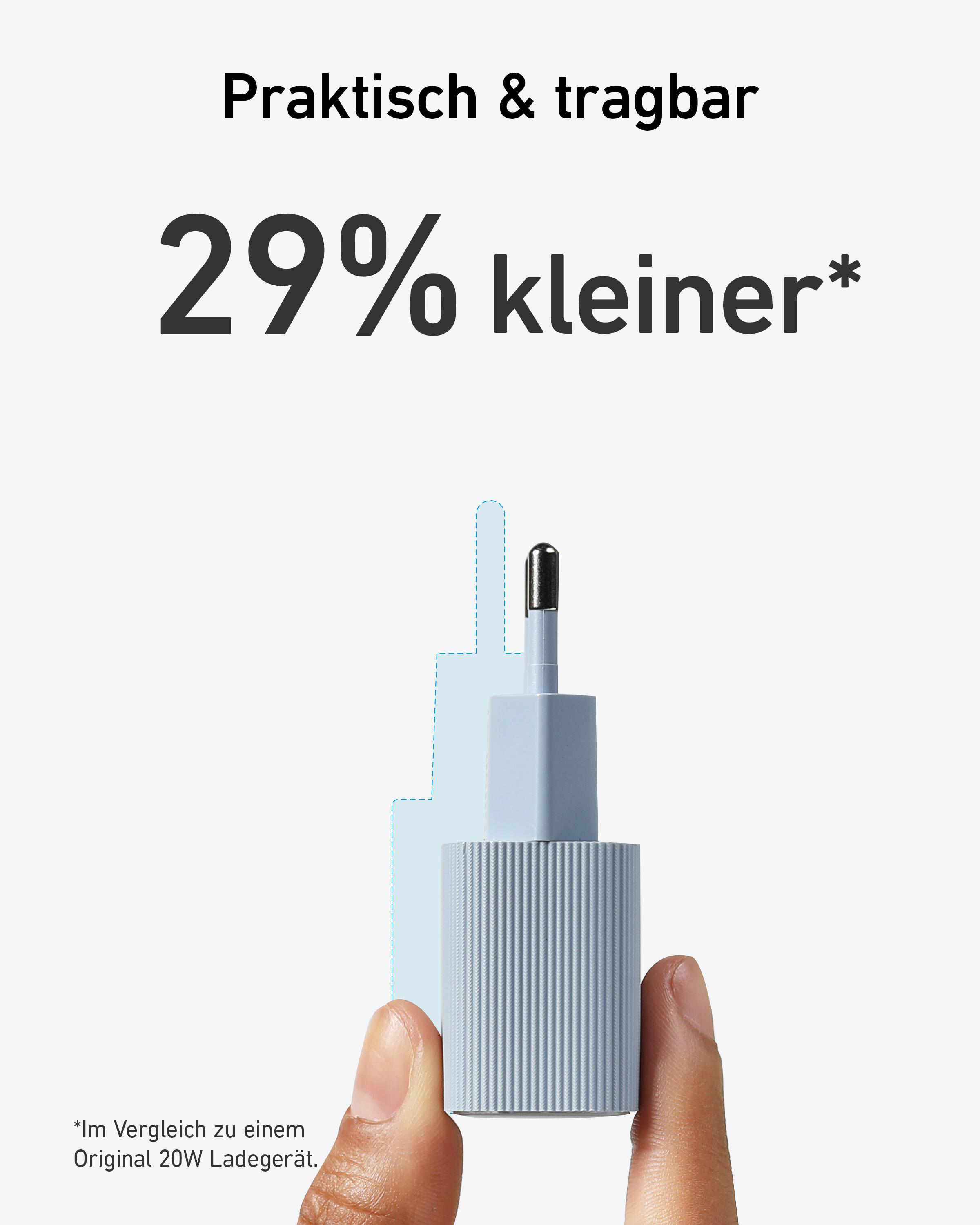 Ein weißes und graues Ladegerät, das von einer Hand gehalten wird, Text sagt 29% kleiner.
