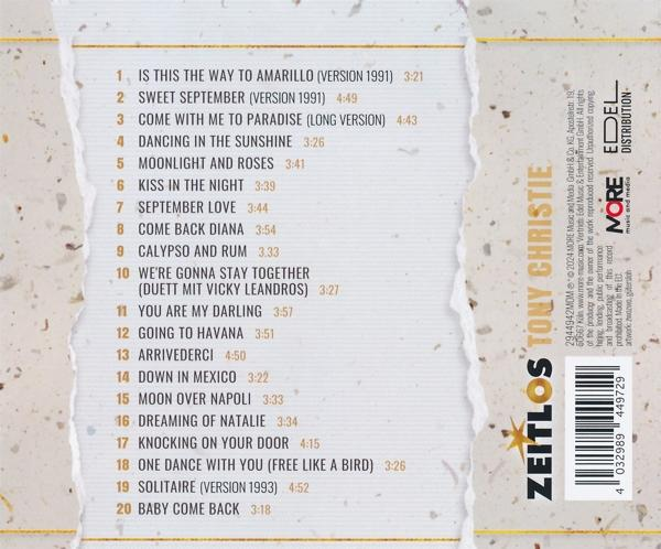 CD-Cover mit Trackliste. Der Text befindet sich auf einem zerrissenen Papierhintergrund. Das Album ist von Tony Christie.
