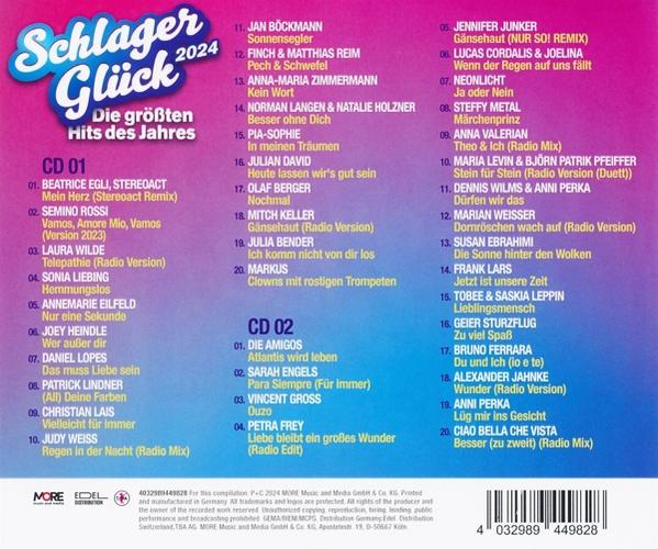 Rückseite des Albums "Schlager Glück 2024" mit Titelliste und Credits.